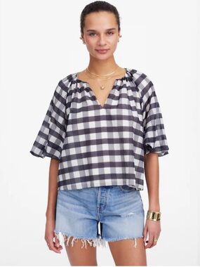 🖤Madewell Gingham Bubble Sleeve Top Black and White Sz 6 medium